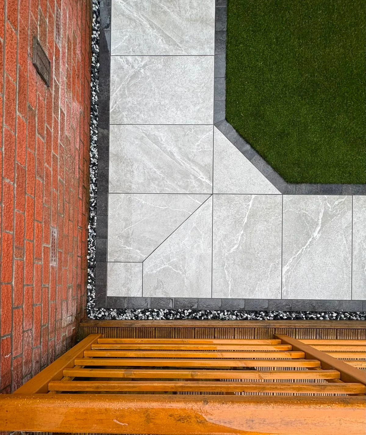 Overhead Grey Porcelain Slabs with Dark Border